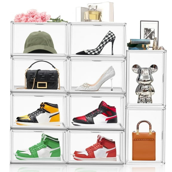 10 Pack Stackable Shoe Box Shoes Storage Organizer Clear Sneaker Storage Box Display Case with Magnetic Door