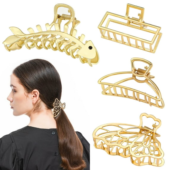DAYUP 4 Pack Metal Hair Claw Clips, Gold Fashion Hair Clips for Women Thin Thick Curly Hair Non-Slip Jaw Clips