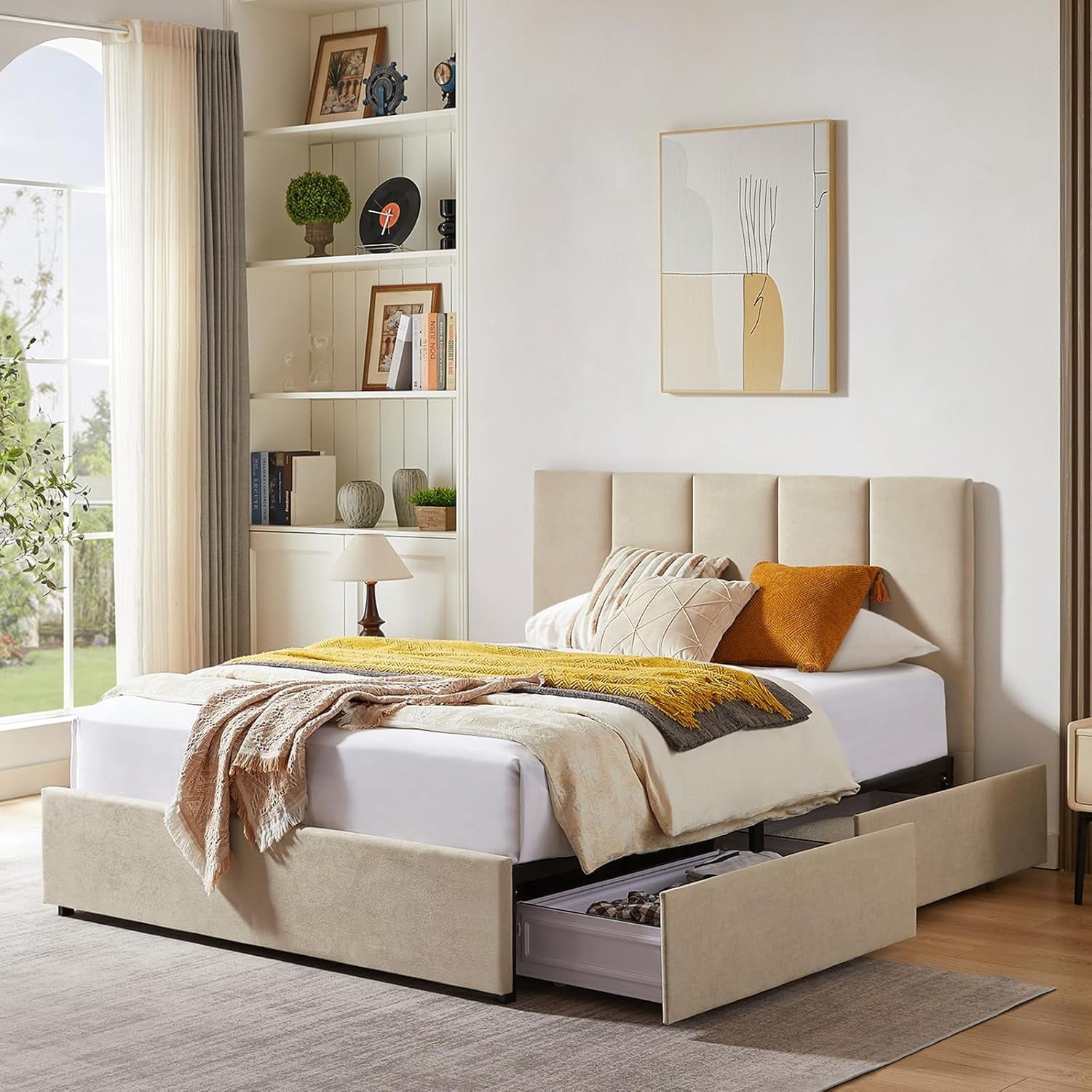 DAZHENG Queen Size Upholstered Storage Bed Frame with 4 Drawers, Modern ...