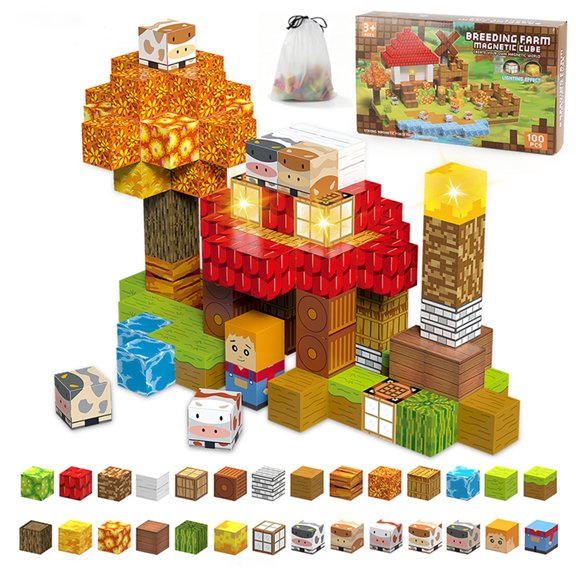 Kuzcoce 100 Piece Magnetic Cube Building Blocks for Kids Ages 3+Magnetic Tiles with 28 Unique Pieces & 4 Light-Up Blocks, STEM Creative Toy, Educational Birthday Gift for Boys and Girls