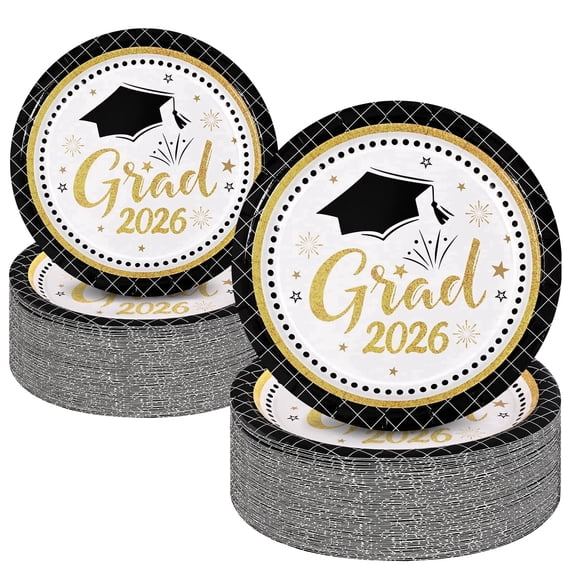 DAZLUTE 100PCS Graduation Paper Plates Disposable Party Supplies of 2026 for College Birthday Party Favors Black Gold