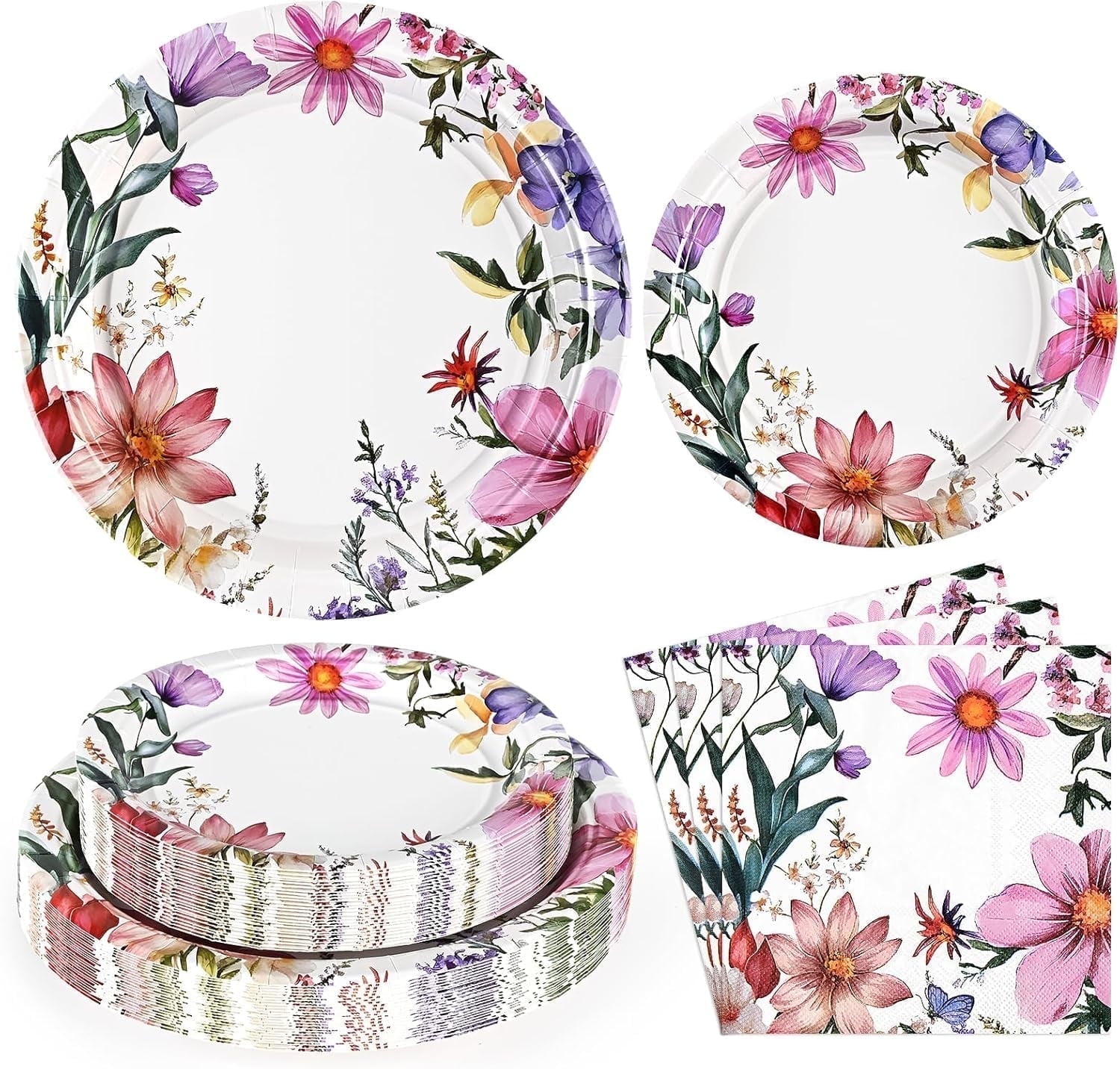 DAZLUTE 100PCS Floral Paper Plates and Napkins, Disposable Wildflower Tableware Party Supplies for Wedding Birthday Baby Shower Spring Tea Party Serves 25