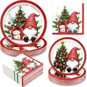 DAZLUTE 200 PCS Xmas Christmas Paper Plates and Napkins Serves 50 Guests, Christmas Tree Disposable Dinnerware Set for Christmas Party Supplies