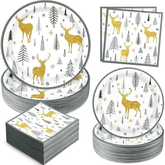 DAZLUTE 200 PCS Xmas Christmas Paper Plates and Napkins Serves 50 Guests, Gold Christmas Elk Disposable Dinnerware Set for Christmas Party Supplies