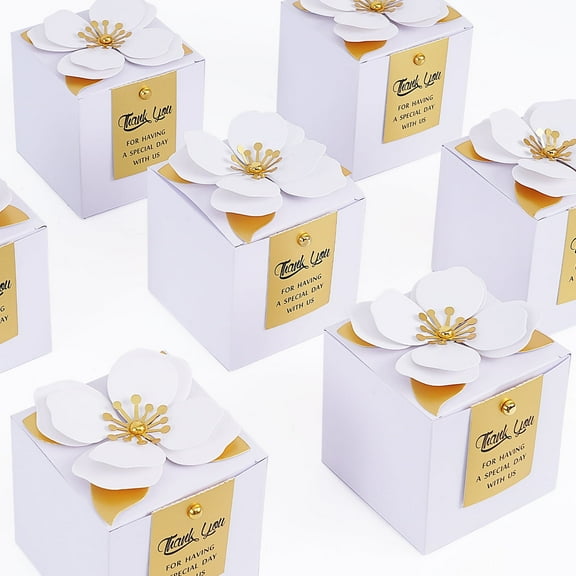 DAZLUTE 20 Pcs Wedding Favor Box with Thanks Card Square Flower Candy Boxes Paper Bridal Gift Packaging for Guests Wedding Bridal Shower Birthday Party Anniversary(White)