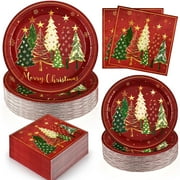 DAZLUTE 200 PCS Christmas Paper Plates and Napkins, Red Christmas Decoration Trees Disposable Dinnerware Set for Christmas Party