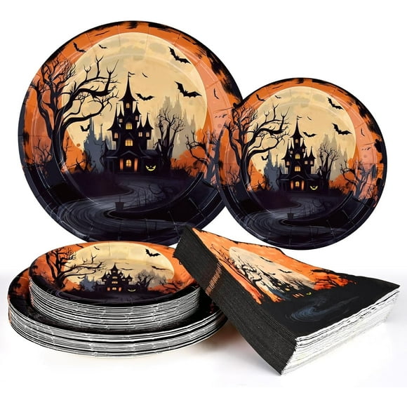 DAZLUTE 200 PCS Halloween Paper Plates and Napkins Disposable Dinnerware Set Halloween Party Supplies