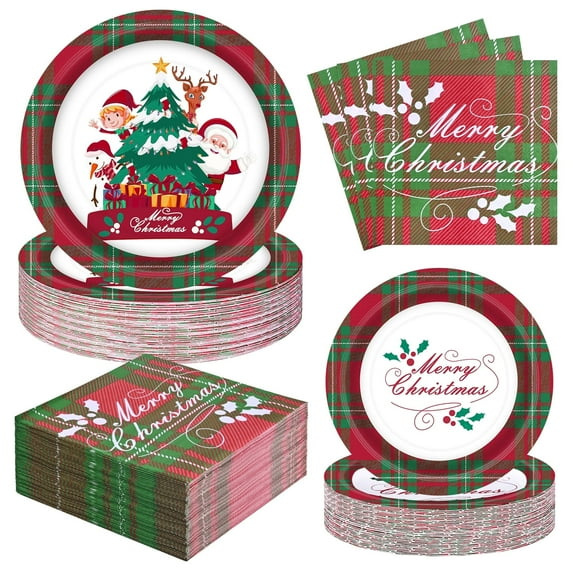 DAZLUTE 200pcs Christmas Paper Plate Set Christmas Red and Green Checkered Festive Paper Plates Party Supplies Disposable Tableware Set