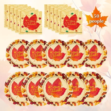 DAZLUTE 200pcs Fall Napkins Paper Plates and Paper Plates Thanksgiving Party Supplies Orange Pumpkins Leaves Harvest Party Disposable Dinnerware Set