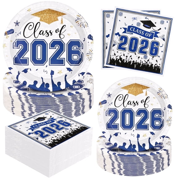 DAZLUTE 200PCS Graduation Plates and Napkins Class of 2026 Disposable Party Supplies for College High School Congrats Grad Party Favors Serve 50(Blue)