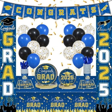DAZLUTE  Graduation Party Decorations, Class of 2025 Paper Plates and Napkins Graduation Party Supplies Serves 24(Blue and Gold)
