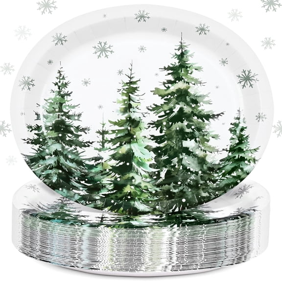 DAZLUTE 50 PCS Christmas Paper Plates Christmas Trees Disposable Dinner Plates for Xmas Decoration Party Supplies