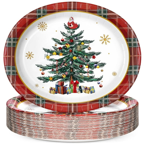 DAZLUTE 50 PCS Christmas Paper Plates , Red and Green Christmas Decoration Tree Disposable Dinnerware Set for Christmas Party