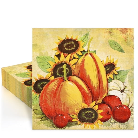 DAZLUTE 50 PCS Fall Paper Napkins Disposable Pumpkin Sunflower Napkins Thanksgiving Party Supplies Orange