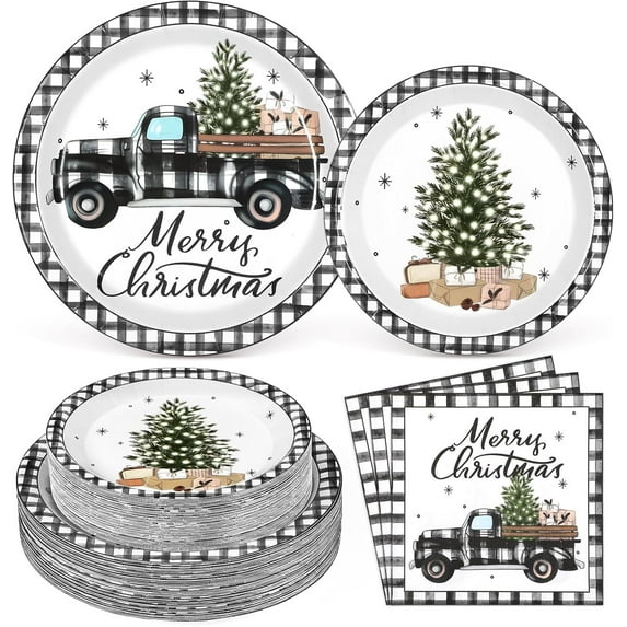 DAZLUTE Christmas Paper Plates and Napkins Serves 50 Guests Christmas Party Supplies 200 PCS Black and White Plaid Christmas Car Disposable Dinnerware Set for Dinner Party