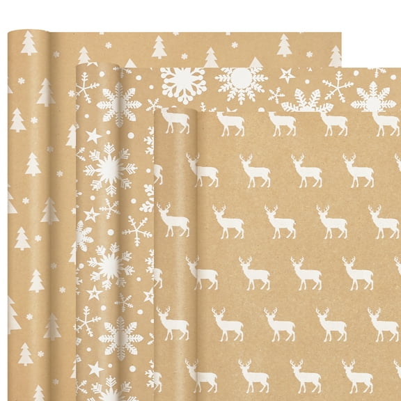 DAZLUTE Christmas Wrapping Paper Roll,Mini Roll,3 Rolls,17 Inch X 118 Inch Per Roll,White Gold Elk/Snowflake/Christmas Tree Design for Party Gift Wrap,DIY Craft