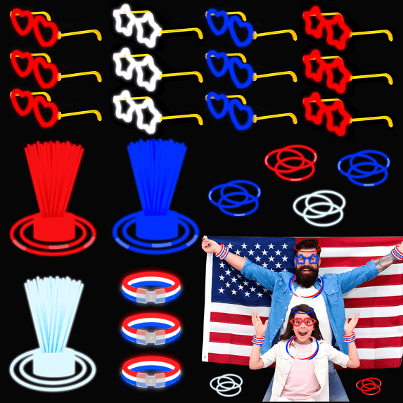 DAZLUTE Glow Sticks Party Favors, 144 Pcs for Independence Day Memorial Day Party Supplies with Red White Blue Glow Stick Bulk Favours Light up Bracelets Necklaces Accessories Decorations
