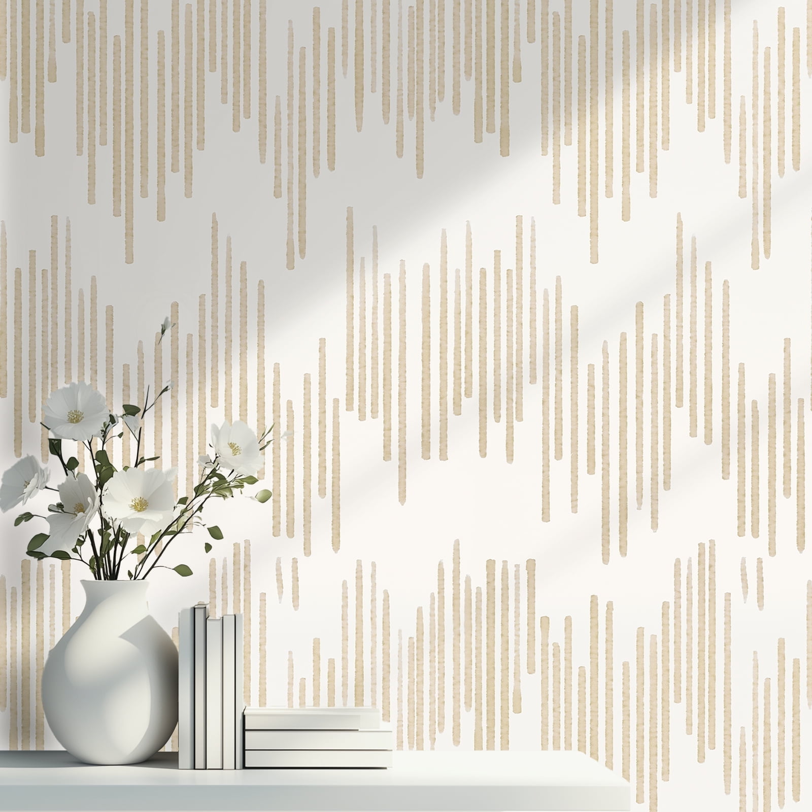 DAZLUTE Peel and Stick Wallpaper Beige Striped Wallpaper Geometric Contact Paper Self Adhesive Removable Wall paper Decorative for Home Bedroom Cabinets Thicken,17.32 in x 394 in