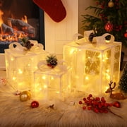 DAZLUTE Set of 3 Christmas 50 LED Lighted Gift Boxes, Transparent Warm White Lighted Box Decorations, Presents Box with Red Bows for Tree, Yard, Home, Christmas Decor