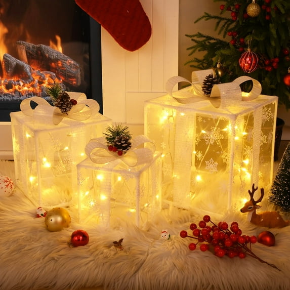 DAZLUTE Set of 3 Christmas 50 LED Lighted Gift Boxes, Transparent Warm White Lighted Box Decorations, Presents Box with Red Bows for Tree, Yard, Home, Christmas Decor