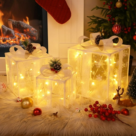 DAZLUTE Set of 3 Christmas 50 LED Lighted Gift Boxes, Transparent Warm White Lighted Box Decorations, Presents Box with Red Bows for Tree, Yard, Home, Christmas Decor