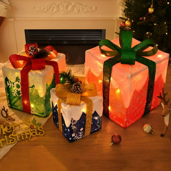 DAZLUTE Set of 3 Lighted Gift Boxes Christmas Decorations, Red Green and Blue Present Boxes, Christmas Home Tree, Yard Gift Box Decor
