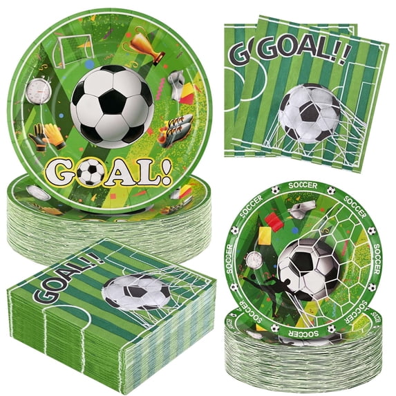 DAZLUTE 200pcs Soccer Paper Plates and Napkins Disposable Tableware Set for Soccer Themed Decorations