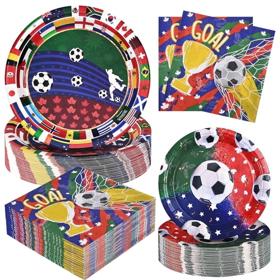 DAZLUTE 200pcs Soccer 2026 Party Decorations Disposable Paper Plates and Napkins Sports Soccer Theme for  Birthday Party Decoration