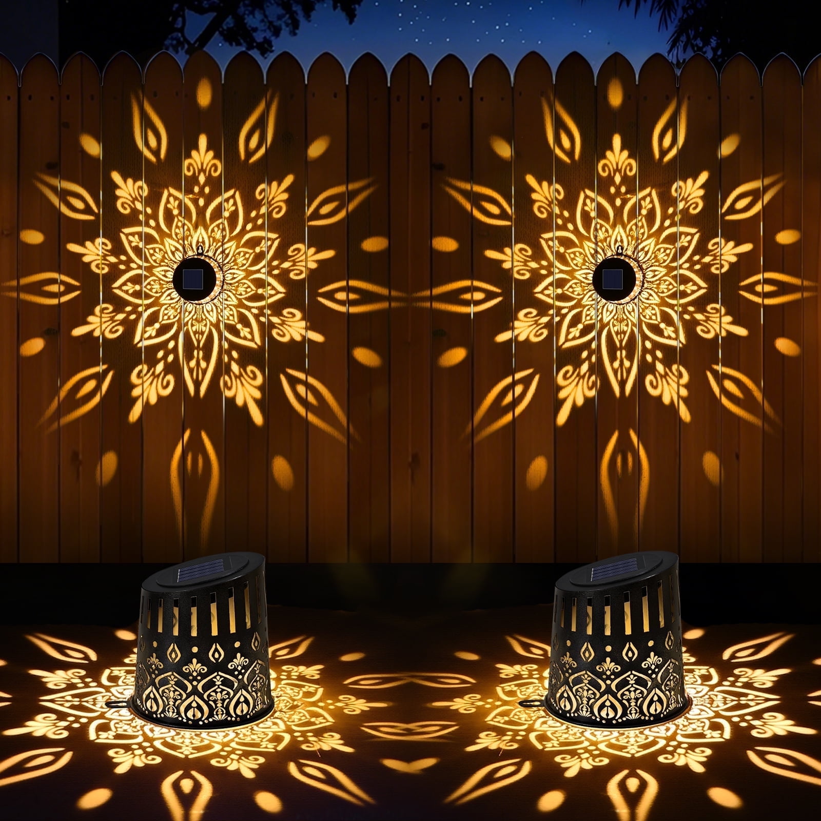 DAZLUTE Solar Fence Lights, Metal Outdoor Wall Light with IP65 Waterproof LED \u0026 Auto Sensor, Solar Powered Outsidelight Mandala Theme for Garden Backyard Patio Decor (2 Pack)