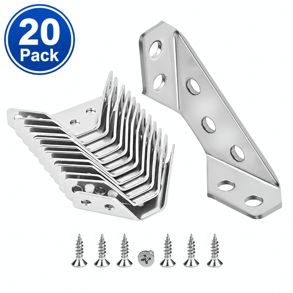 DAZO 20-Pack Stainless Steel Corner Braces, Heavy Duty Furniture Angle Brackets with Screws for Shelves, Cabinets and Wood Furniture