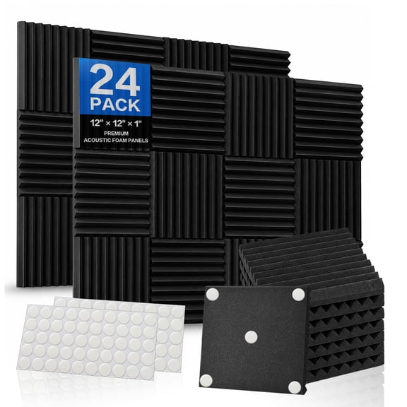 DAZO 24 Pack Wedge Acoustic Foam Panels with Adhesive Stickers, 12 x 12 x 0.9 Inch Sound Absorbing Wall Panels for Recording Studios, Home Theaters and Offices, Black