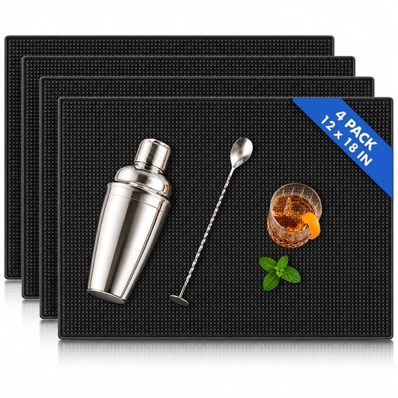 DAZO 4-Pack Rubber Bar Mats, 18" x 12" Non-Slip Drainage Mats for Coffee Bars, Kitchen Counters and Drink Stations, Black