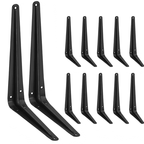 DAZO 12 x 10 Inch Black Shelf Brackets (10 Pack) – Heavy Duty L Brackets with Screws, Supports 50 lbs per Pair, Rustproof for Shelves & Bookshelves