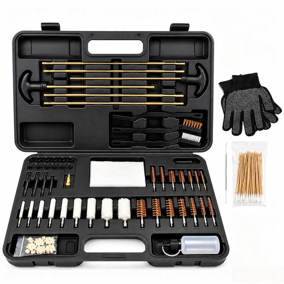 DAZO Universal Gun Cleaning Kit for Pistols, Revolvers, Rifles and Shotguns, Solid Brass Rods, Brushes and Flexible Cleaning Cable