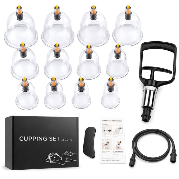 DAZO Vacuum Cupping Massage Set with Hand Pump, 12-Cup Massage Cup Kit for Muscle Relaxation, Back, Legs, Arms, Neck and Shoulders