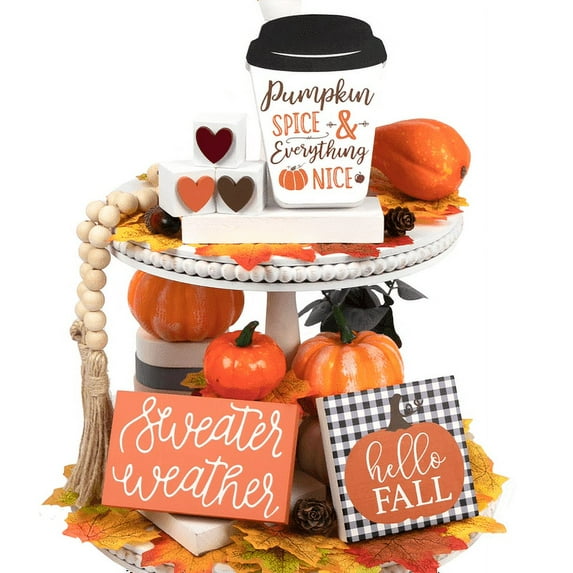 DAZONGE 7PCS Fall Decor, Fall Decorations for Home - 3 Fall Signs, 3PCS Blocks (3D Heart-shaped) & 1 Bead Garland, Happy Fall Tiered Tray Decor, Rustic Fall Tabletop Decor