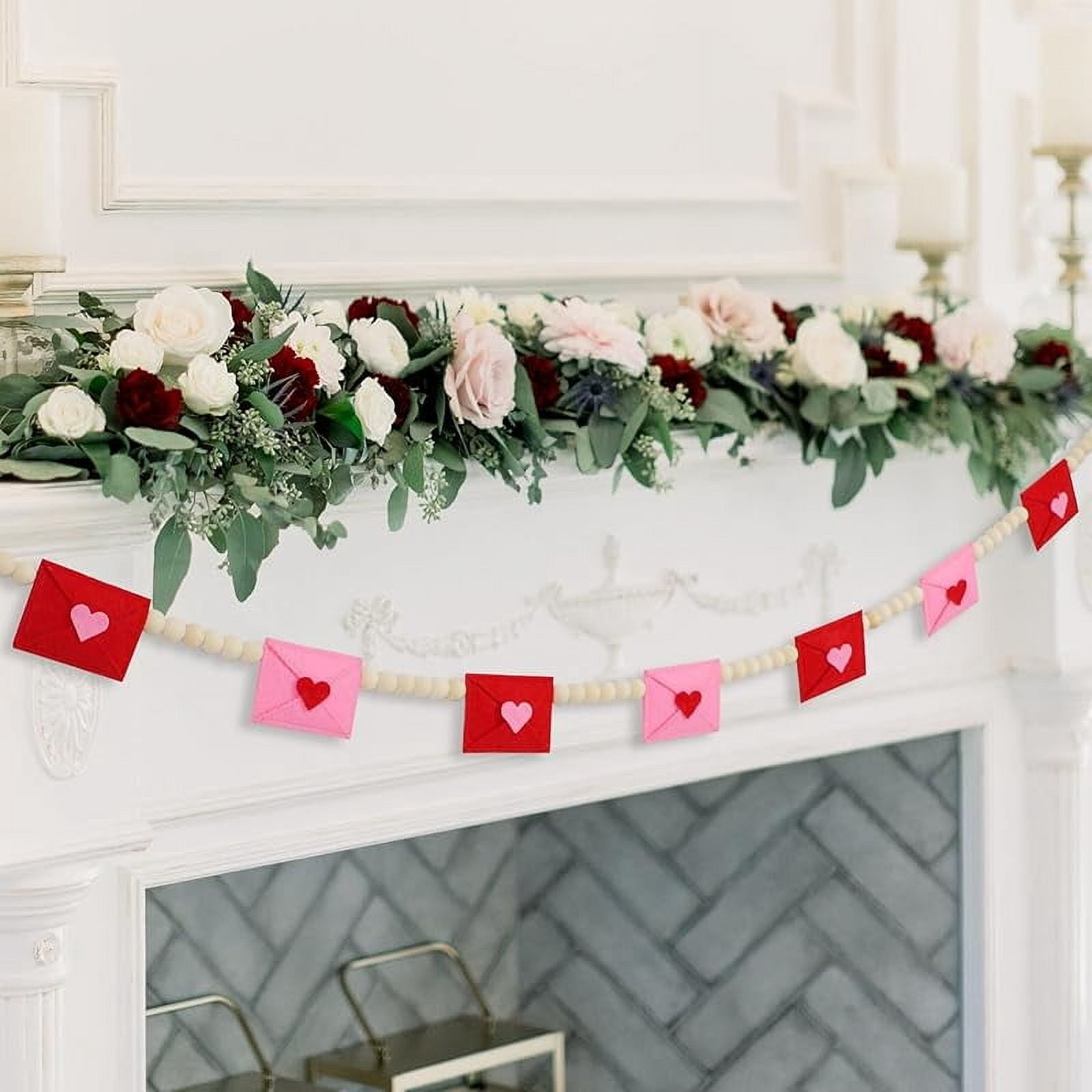 Valentine's Day Garland Banner - Red Felt Hearts & Wood Beads, Farmhouse Style Mantle Decor 3 thumbnail image