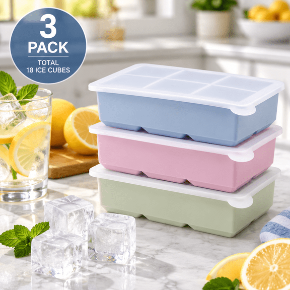 DAZUINIAO 3-Pack Silicone Ice Cube Trays with Lid, Large 2 Inch Square Ice Cube Molds for Freezer, Reusable Big Ice Trays for Whiskey, Cocktails, Coffee, Juice and Drinks, BPA-Free