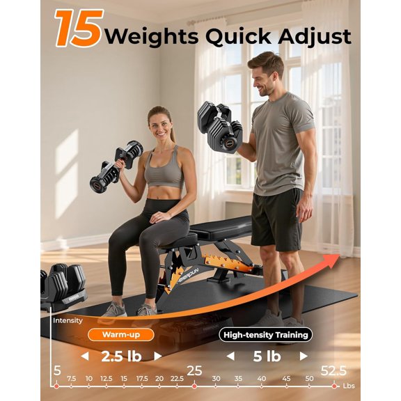 DB1 Quick Adjustable Dumbbell Set, 15-in-1 Weight Set 105lb/52.5lb with Storage Box