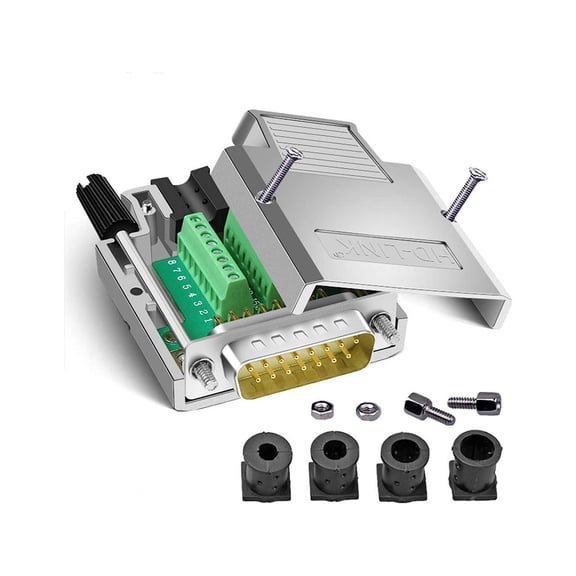 DB15 Solderless Serial to 15-pin Port Terminal Adapter Connector Breakout Board with Case Long Bolts Nuts (Male Metal)