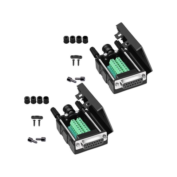 DB15 Solderless Serial to 15-pin Port Terminal Female Adapter Connector Breakout Board with Case Long Bolts Nuts (2PCS Female)