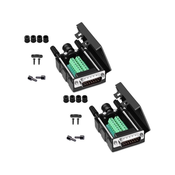 DB15 Solderless Serial to 15-pin Port Terminal Male Adapter Connector Breakout Board with Case Long Bolts Nuts (2PCS Male)