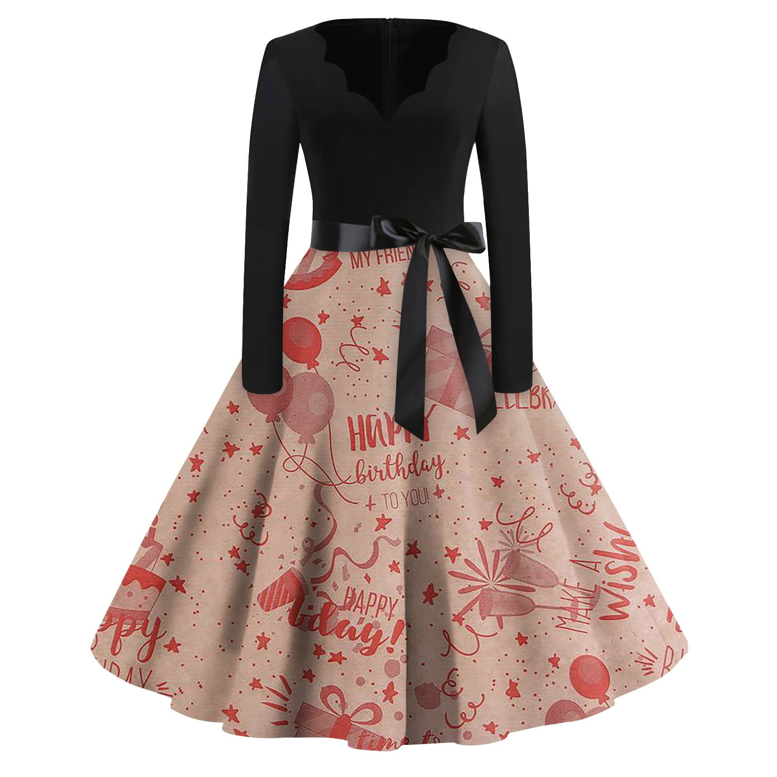 DBAIXID Christmas Womens Party Dress Vintage V Neck Long Sleeve Hepburn Dresses a Line Snowflake Print Cute Swing Dress Fashion 1950s Party Cocktail Dress with Belt Khaki 5XL Walmart