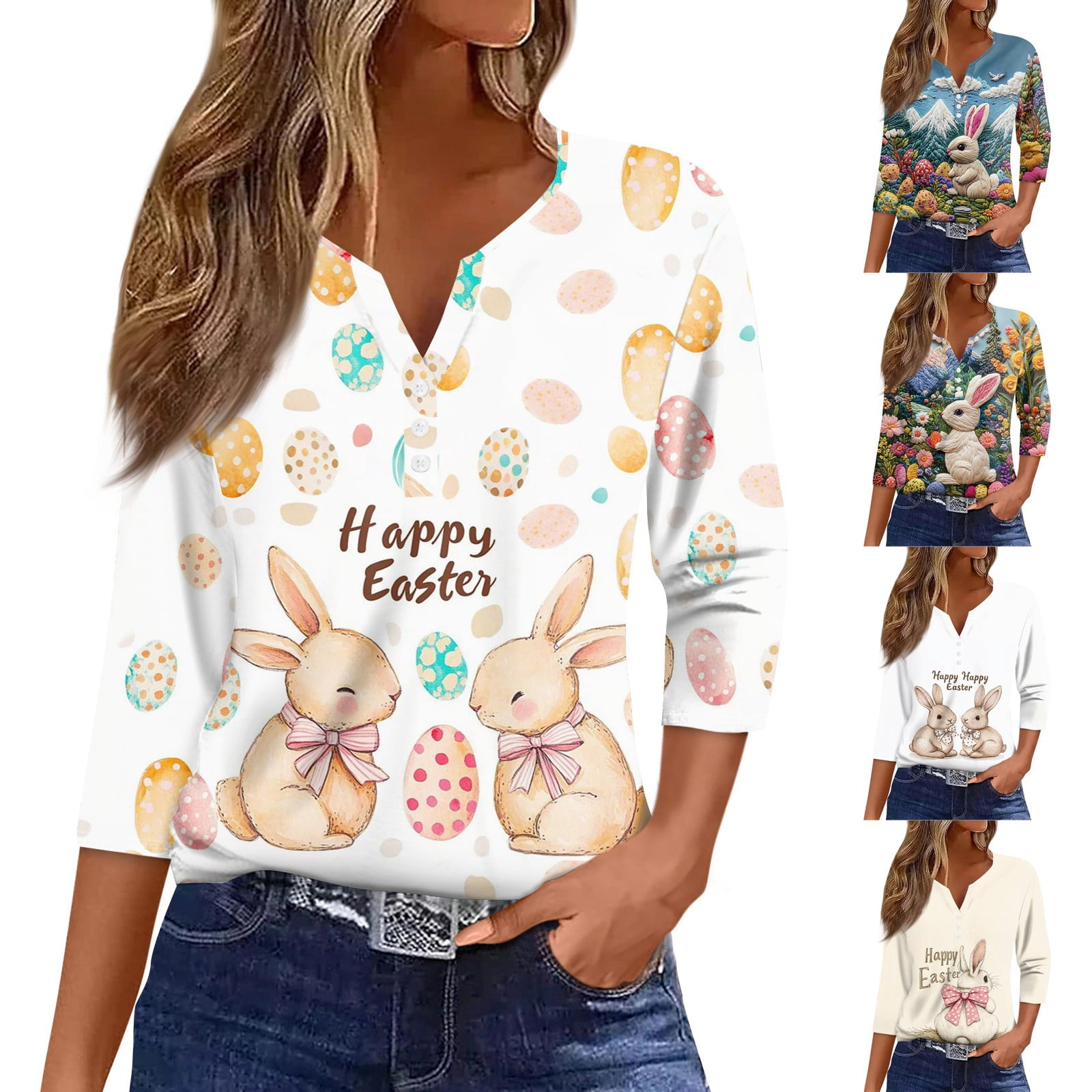 Happy Easter Shirt For Women - Cute Bunny Rabbit Graphic Tee, 3/4 Sleeve Crewneck Holiday Blouse - View #4