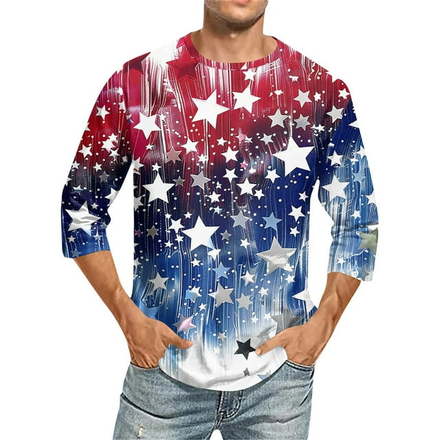 DBAIXID Fourth Of July 3/4 Sleeve T-Shirts Mens Crew Neck Plus Size 1776 United We Stand Tops American Flag Red White and Blue Tshirts Comfy Patriotic Tees Blue XL