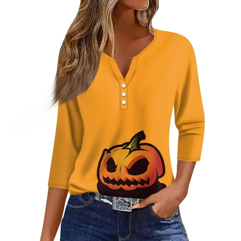 DBAIXID Halloween Tops for Women Plus Size Pumpkin Face V Neck T Shirts Creepy 3 4 Sleeve Blouse Dressy Tees Spooky Shirts Ginger 3XL Walmart