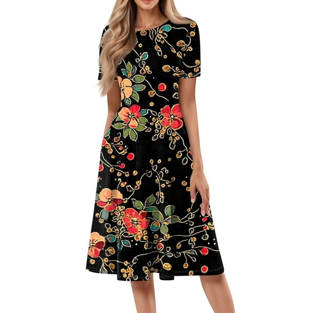 DBAIXID Knee Length Dress for Women Summer Plus Size Short Sleeve Crewneck Floral Print Flowy Midi Dresses with Pocket Black 3XL