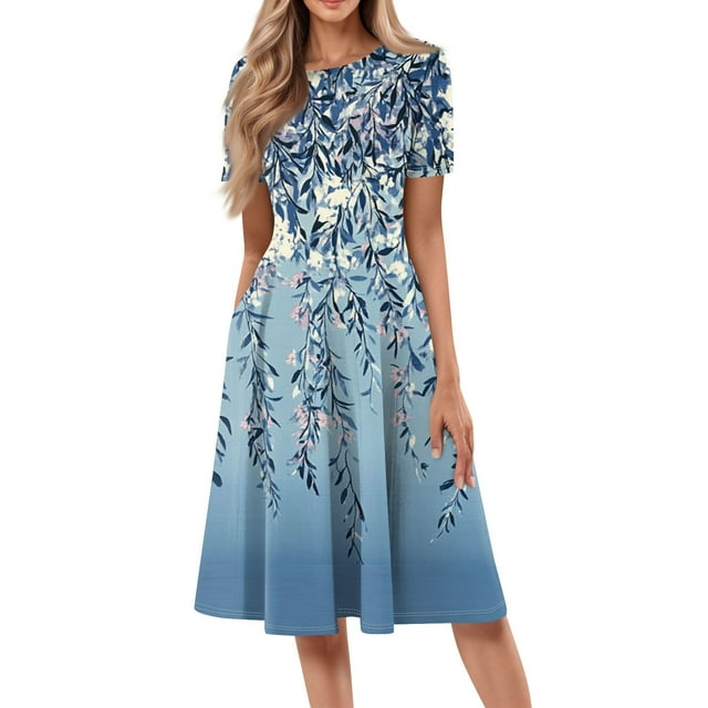 DBAIXID Knee Length Dress for Women Summer Plus Size Short Sleeve Crewneck Floral Print Flowy Midi Dresses with Pocket Blue XL