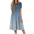 thumbnail image 1 of DBAIXID Knee Length Dress for Women Summer Plus Size Short Sleeve Crewneck Floral Print Flowy Midi Dresses with Pocket Dark Blue 2XL, 1 of 5