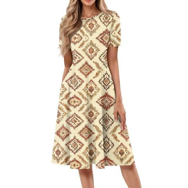 DBAIXID Knee Length Dress for Women Summer Plus Size Short Sleeve Crewneck Floral Print Flowy Midi Dresses with Pocket Khaki L
